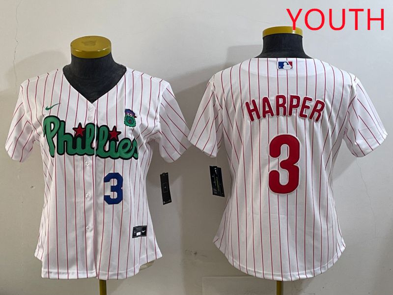 Youth Philadelphia Phillies #3 Harper White Stripe Second generation joint name 2025 Nike MLB Jersey style 2->youth mlb jersey->Youth Jersey